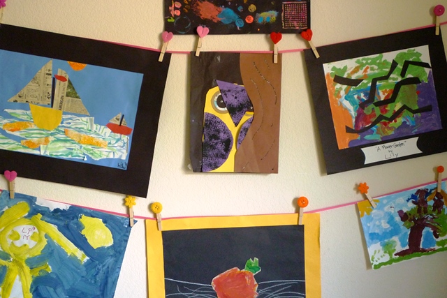 Ribbon and Clothespin Closeup of Kids' Art Wall
