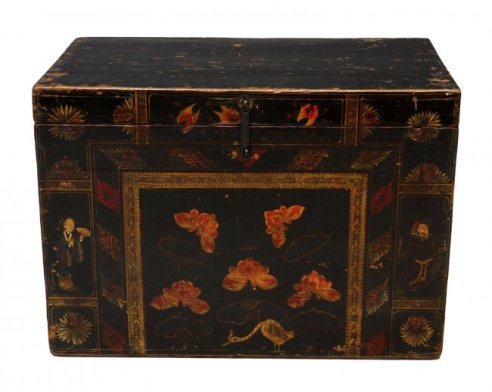 16 Japanese Lacquered Figural and Floral Painted Trunk