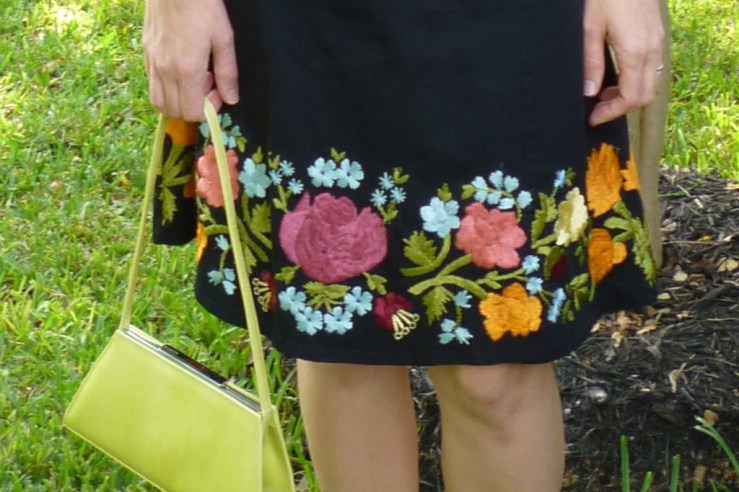 Embroidered Skirt and Lime Green Handbag